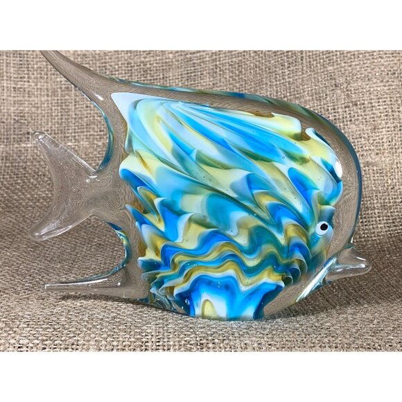 Blue & Yellow Art Glass Angel Fish Paperweight 3.75" x 6" - Picture 2 of 10